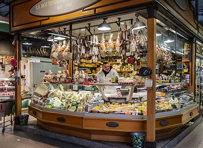 Italian food stand in a typical market