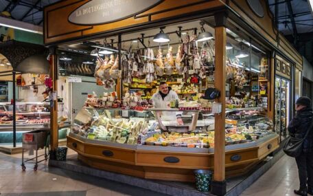 Italian food stand in a typical market