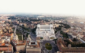 view of Rome Victor Emmanuel II National Monument from an helicopter