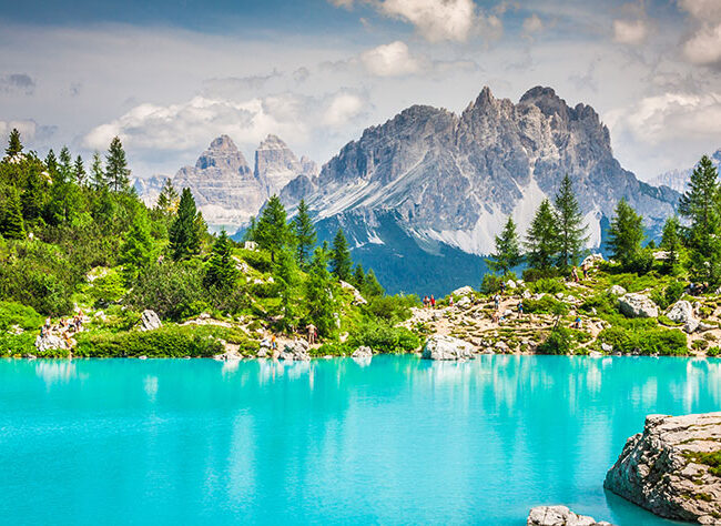 View of Sorapis Lake in Cortina D'Ampezzo, Dolomites